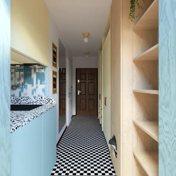 Korytarz z aneksem kuchennym, terrazzo i drewnianymi regałami